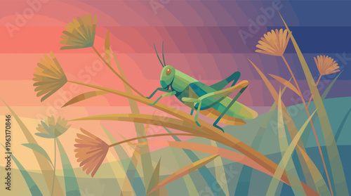 A vector illustration of a grasshopper on a plant at sunset. This calm, artistic nature scene is ideal for backgrounds, educational content, or environmental design projects.