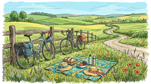 Idyllic illustration of a romantic summer picnic after a bicycle tour. Peaceful countryside landscape perfect for travel, leisure, outdoor adventure, and lifestyle concepts.