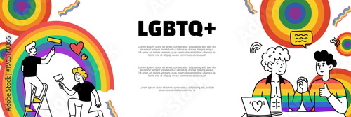 People Painting Large Rainbow Circles And Discussing For LGBTQ Plus Pride Event