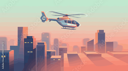 Vector illustration of a helicopter flying over a modern city. The warm sunset colors create a calm mood, ideal for business, travel, or technology concepts.