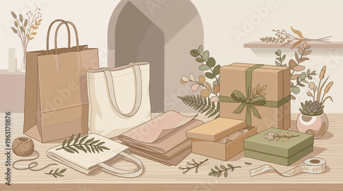 A charming illustration of an eco-friendly gift wrapping station. Features kraft paper, boxes, tote bags, and natural botanical decorations. Ideal for sustainable retail and DIY themes.