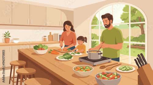 Happy family with child cooking together in a modern kitchen. Parents teaching daughter to prepare healthy food. Concept of togetherness, parenting, and healthy lifestyle.