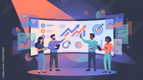A diverse team of professionals analyzes financial charts and data on a large interactive screen. Concept for business strategy, teamwork, and marketing analytics.