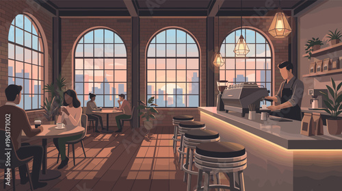 A vector illustration of a modern city coffee shop at sunset. People relax and drink coffee while a barista works. Cozy atmosphere with warm light and a skyline view.