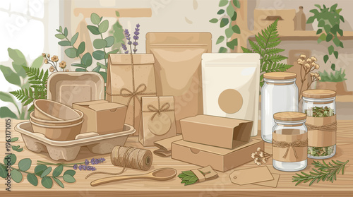 Illustration of various eco-friendly packaging solutions. Kraft paper, glass jars, and containers with natural herbs like lavender and eucalyptus for a zero-waste, organic concept.
