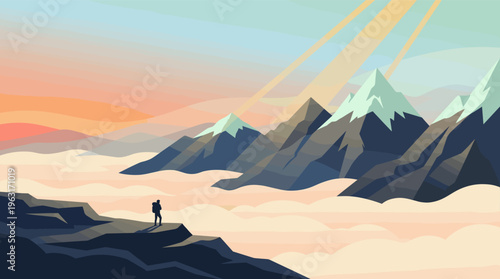 A lone hiker with a backpack stands on a mountain peak above the clouds at sunrise. This vector illustration evokes a sense of adventure, freedom, and achieving goals.