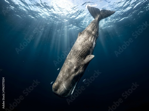 A majestic sperm whale gracefully swims in deep ocean waters, illuminated by striking sun rays.