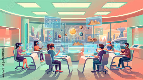 Diverse students use VR headsets in a futuristic classroom for interactive learning. A concept for modern education, technology, and the metaverse.
