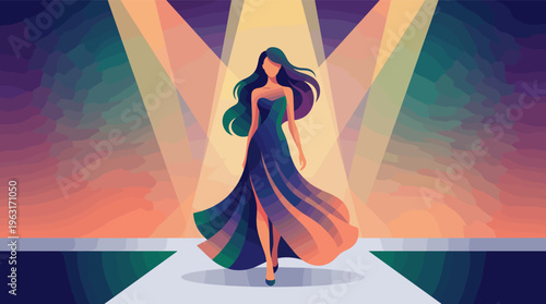 Elegant woman in a flowing gown walks the runway at a fashion show. This glamorous vector illustration is perfect for beauty, style, and luxury-themed projects.