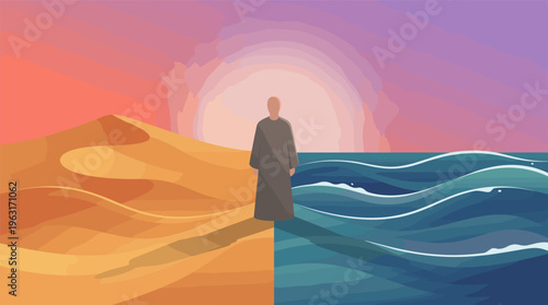 A spiritual figure stands between a warm desert and a cool ocean, symbolizing duality, choice, and balance. A surreal vector illustration for concepts like climate change or faith.