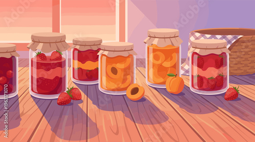 A warm, rustic illustration of homemade fruit jam in glass jars. Strawberry and apricot preserves sit on a sunlit wooden table, evoking a cozy, harvest-time feeling.