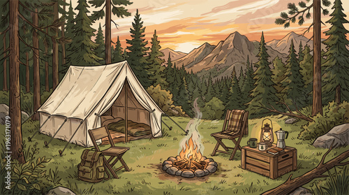 A cozy campsite illustration with a tent, campfire, and mountains at sunset. Perfect for travel, adventure, and outdoor lifestyle themes. Evokes peace and wanderlust.