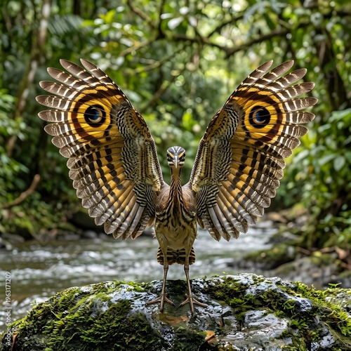 Exotic Sunbittern bird displaying its striking wings with beautiful eye-like patterns in a lush jungle habitat.