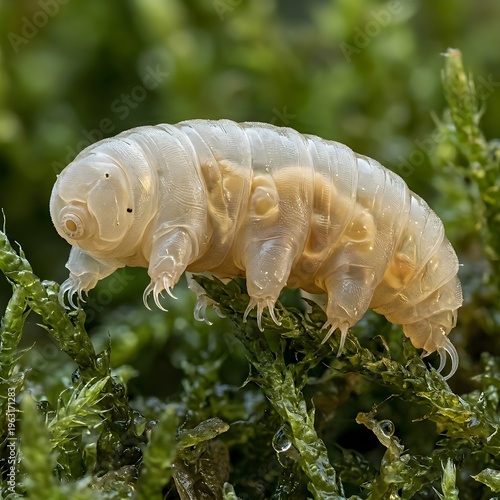 Close-up of a remarkable translucent tardigrade, also called a water bear, exploring its mossy habitat.