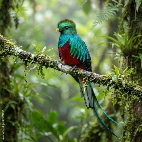 Vibrant resplendent quetzal bird with long tail feathers perched on a mossy branch in a lush jungle.