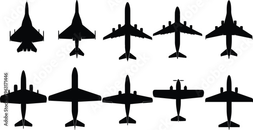 Airplane silhouettes collection featuring passenger jets, cargo aircraft and aviation transport icons isolated black shapes for travel, airline and aerospace design illustration set