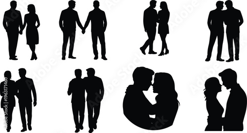 Vector silhouettes of couples in love poses including kissing, hugging, walking, holding hands, romantic relationship intimacy affection illustration design