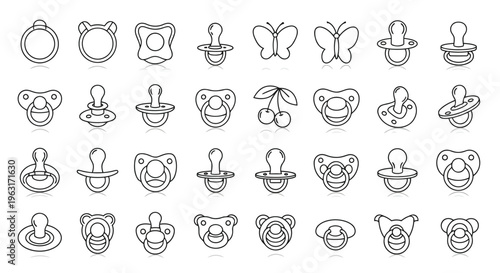 Collection of diverse baby bottle and pacifier designs in minimalist line art style