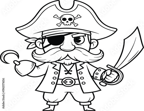 Cartoon pirate character black and white outline illustration featuring eyepatch captain with sword and hook hand for coloring book or mascot design