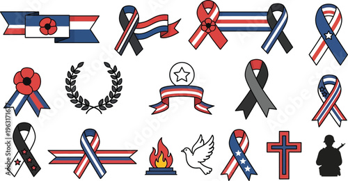 A collection of patriotic ribbons and symbols for memorial and remembrance purposes everyday