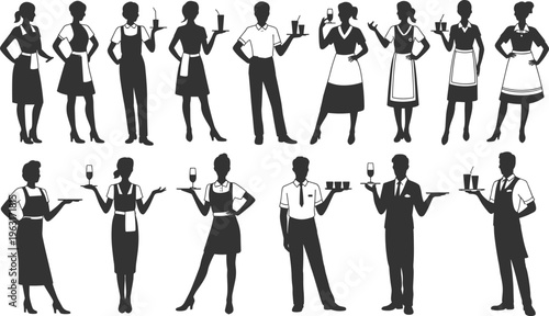 Vector silhouettes of waiters and waitresses in uniforms holding trays, glasses, and serving items showing hospitality, service, restaurant, catering, and illustration.