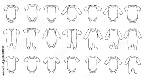 Collection of diverse baby onesie and outfit designs for various styles and occasions