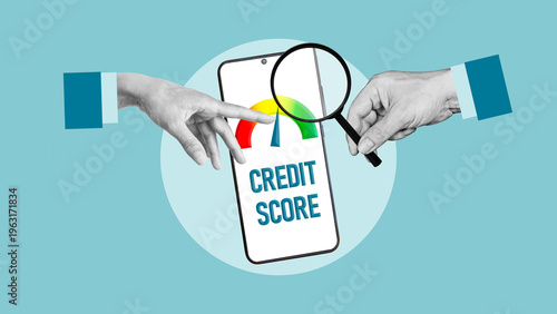 Credit score check concept with smartphone app, financial rating gauge and magnifying glass, credit evaluation, loan approval process, personal finance monitoring and risk assessment
