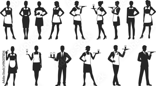 Vector silhouettes of waiters and waitresses in hospitality uniforms holding trays, drinks, menus, and serving items showing restaurant, catering, service illustration.