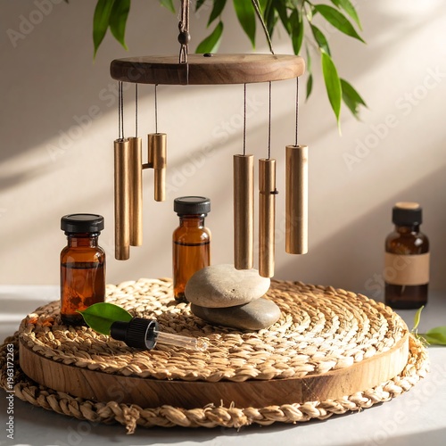Wallpaper Mural Still-life scene features a wooden wind chime, essential oil bottles, smooth stones, and natural woven placemat. Green leaves add a touch of life Torontodigital.ca