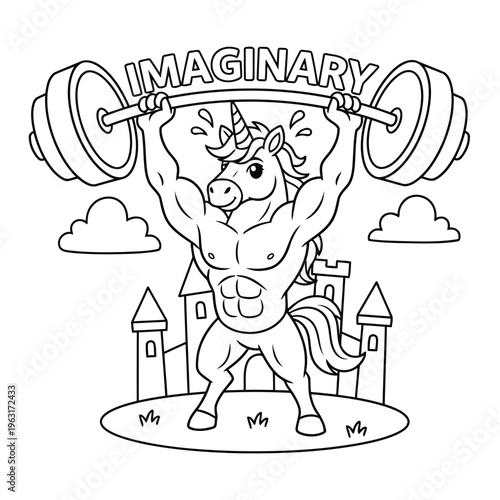 Unicorn lifting heavy barbell in front of castle with imaginary text above