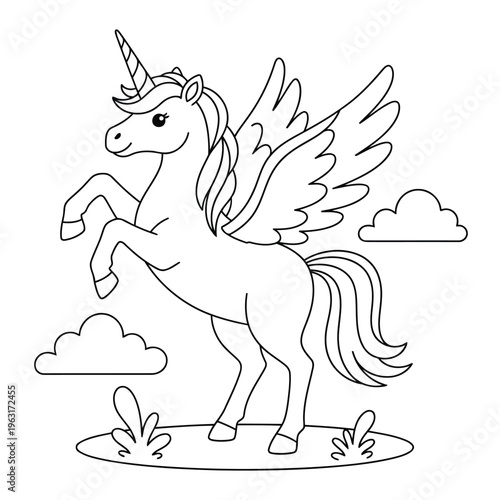 Pegasus unicorn standing on hind legs with wings in sky and clouds scene