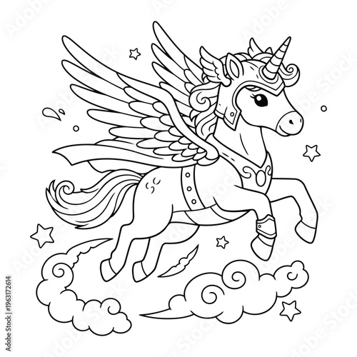 Unicorn coloring page winged warrior character flying in sky with stars and clouds