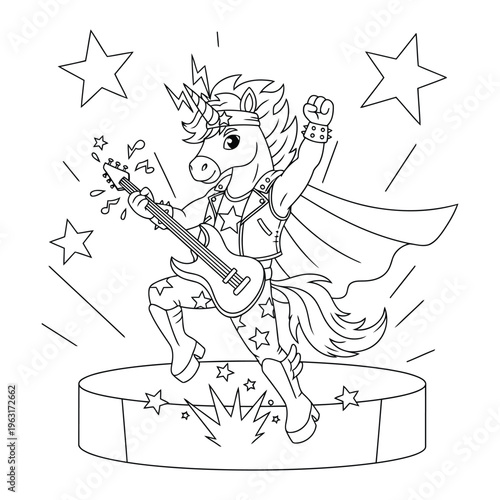 Unicorn coloring page rock star pony playing guitar on stage performance