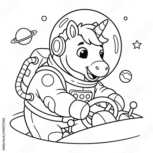 Unicorn coloring page astronaut pony driving spaceship in outer space adventure