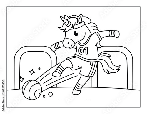 Unicorn coloring page soccer player pony kicking ball in stadium scene