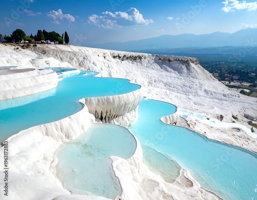 Wallpaper Mural Stunning aerial view of tiered, turquoise pools cascading over white, terraced formations. Rolling hills and distant mountains complement the scene Torontodigital.ca