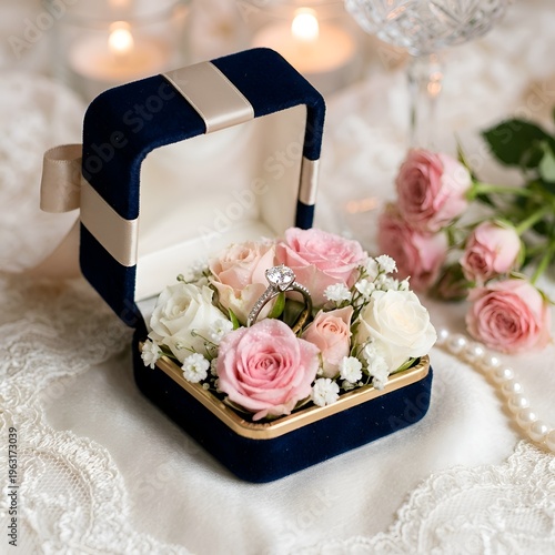 Elegant Engagement Ring in Navy Blue Velvet Box with Pink and White Roses