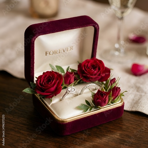 Elegant Diamond Engagement Ring in Velvet Box with Red Roses and Forever Inscription