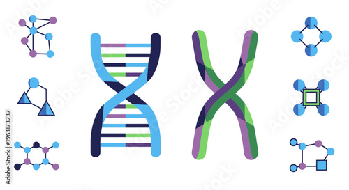 Set of DNA icons, featuring DNA structure, chromosome icon, and molecule vector illustrations in flat design. Geometric style with sharp edges, clean lines, simple color palette in shades of blue, gre