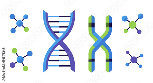 Set of DNA icons, featuring DNA structure, chromosome icon, and molecule vector illustrations in flat design. Geometric style with sharp edges, clean lines, simple color palette in shades of blue, gre