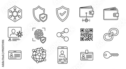Icons of digital security and technology.
