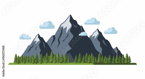 Mountain range landscape with snow capped peaks and green trees under blue sky with clouds