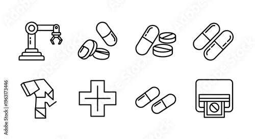 Medical pills and industrial icons.