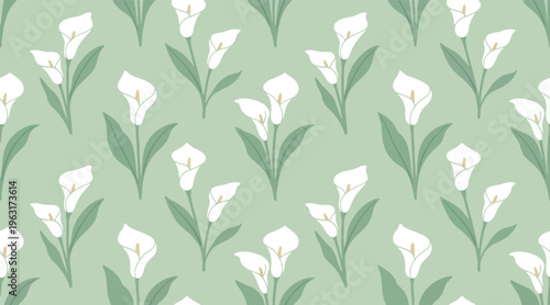 Seamless pattern of white calla lilies with green leaves on soft pastel background, elegant botanical vector design for textiles, wallpapers, packaging, and floral-themed decorative projects.