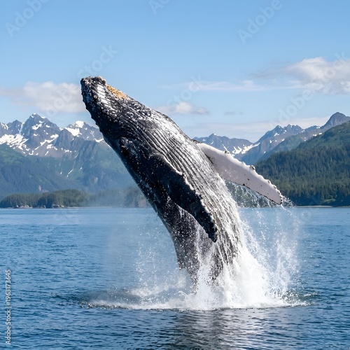 Humpback Whale Breaching in Icy Fjord with Snow-Capped Mountains and Lush Green Forests Under Clear Blue Sky