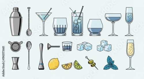 Cocktail bar essentials with glasses tools and ingredients on a light background