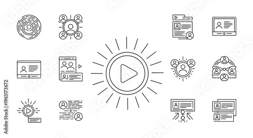 Play button surrounded by media icons.