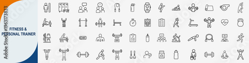 Fitness and personal trainer icons set, outline symbols for gym workouts sports training bodybuilding and healthy lifestyle vector illustration