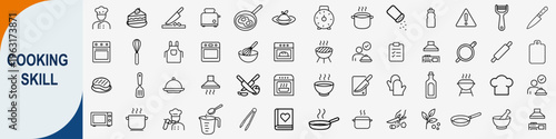 Cooking skill and kitchen utensil equipment line icons set, vector.