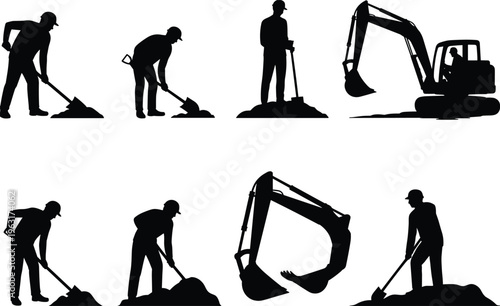 Construction worker silhouettes set with manual laborers digging with shovels and excavator machinery for earthmoving building site development and foundation